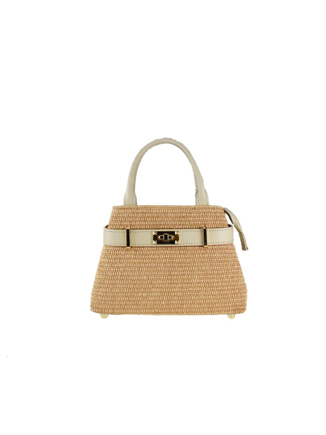 Borsa a mano  in pelle e raffia con tracolla - QE39843