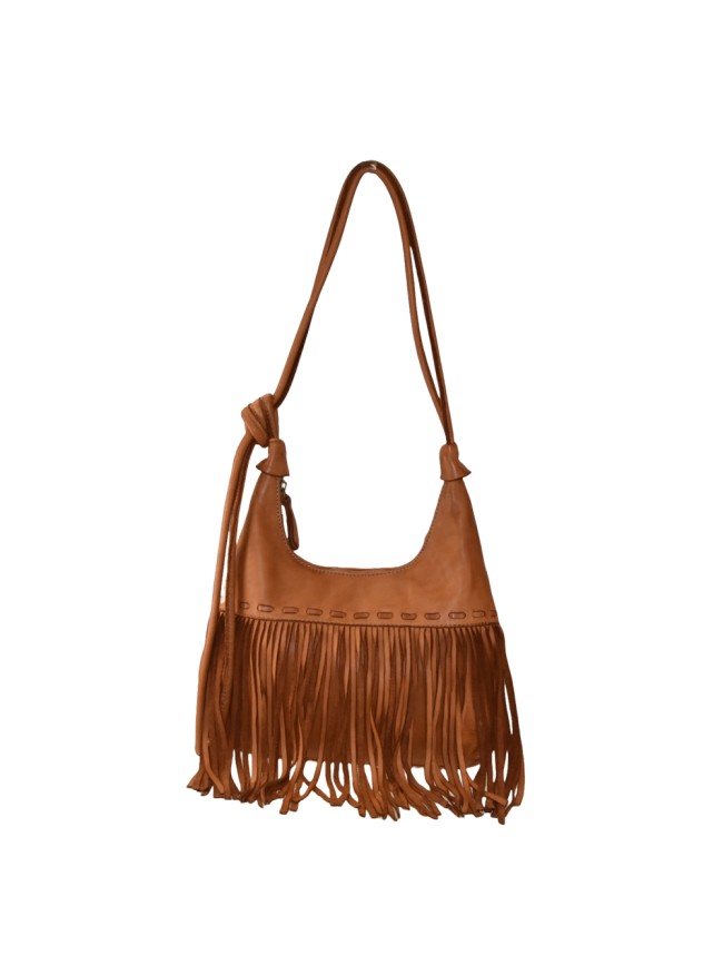 Woman vintage leather shoulder bag with fringes - GF45850