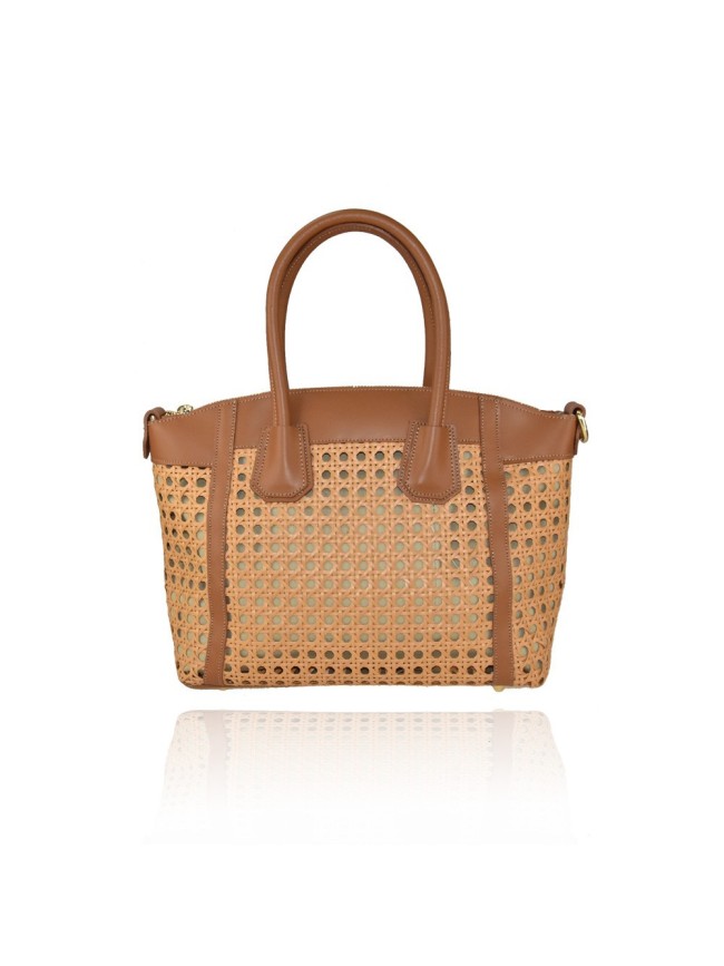 Woman leather & raffia hand bag - ZR38842