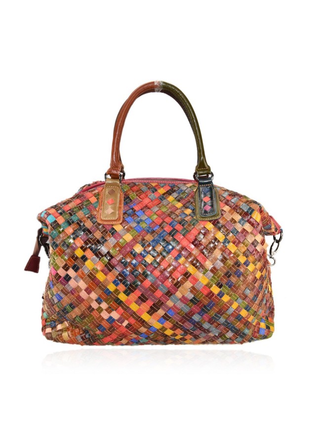 Woven leather bag with patchwork - 9338