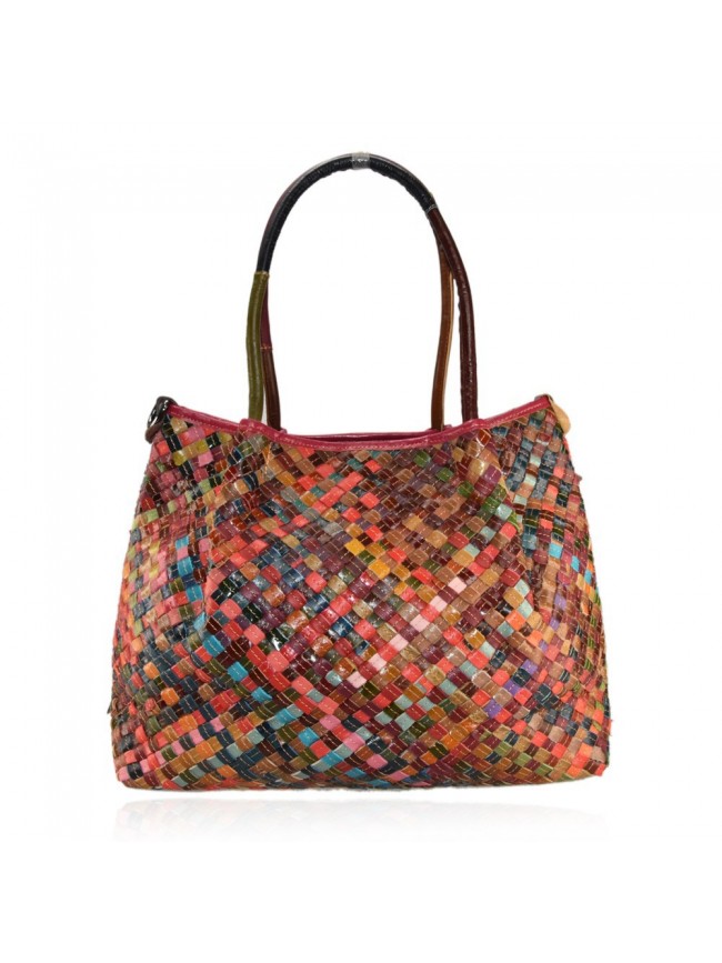 Woven leather bag with patchwork - 9308