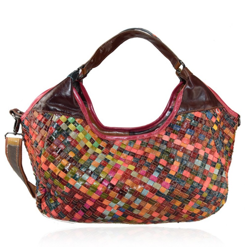 Woven leather bag with patchwork - 9158