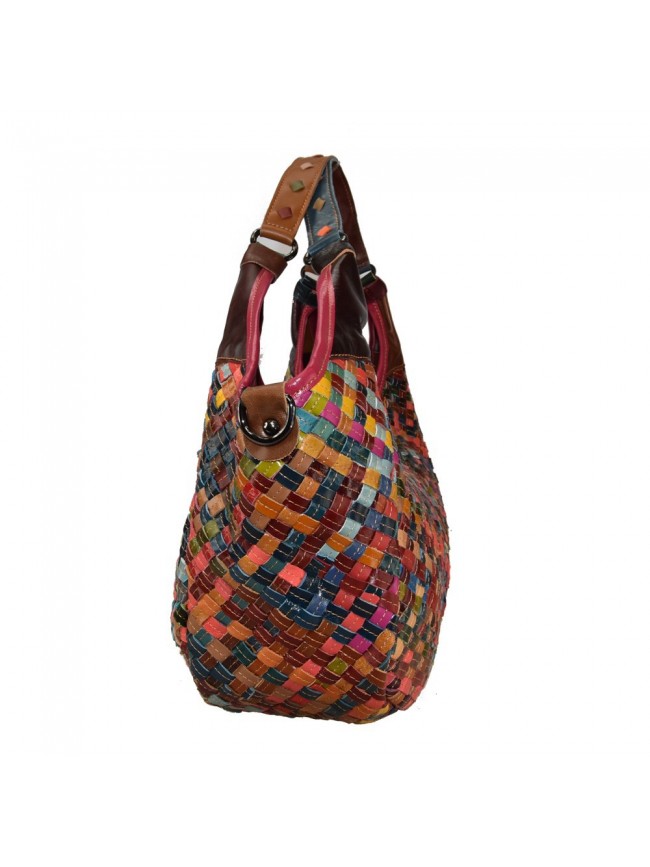 Woven leather bag with patchwork - 9158